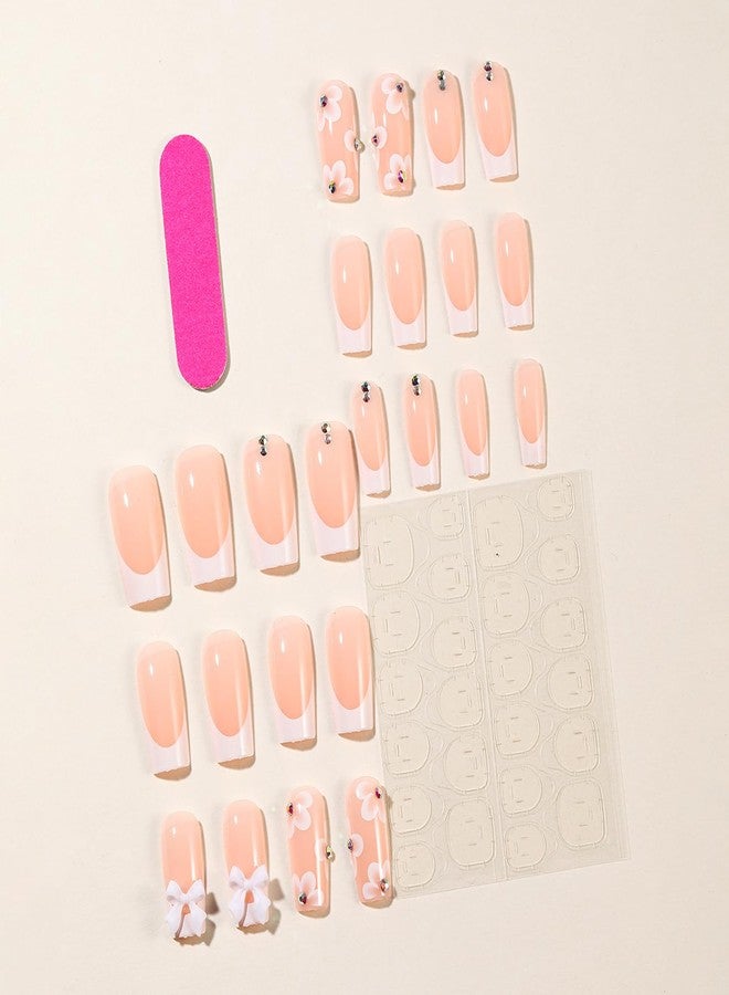 BSBTBZ 24pcs French Tip Press on Nails Medium Length Fake Nails Flower with 3D Flower Bow Charms Acrylic Nails Press ons Design Glossy Pink False Nails Cute Stick on Nails for Women Manicure Tips - Image 2